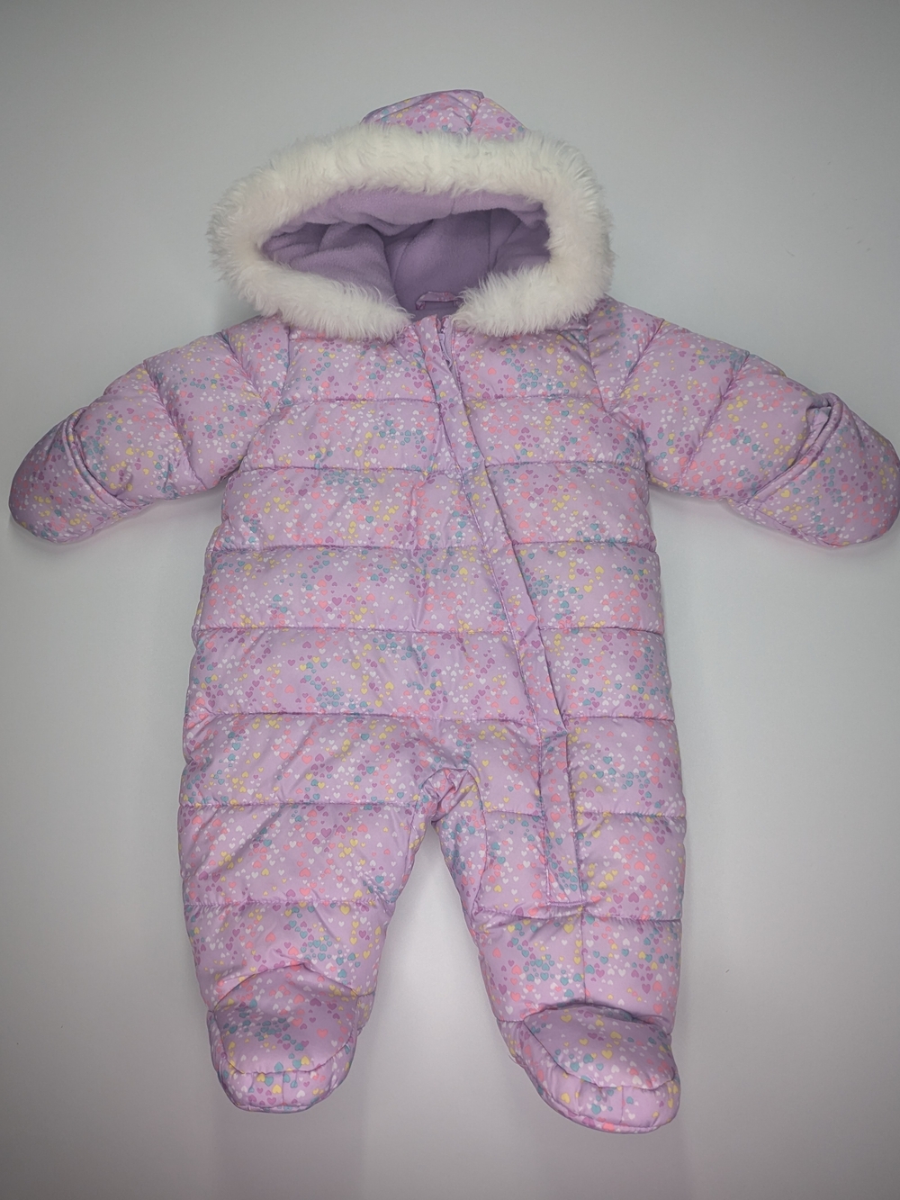 George Pink Hooded Puffer Baby One-Piece with Faux Fur Trim